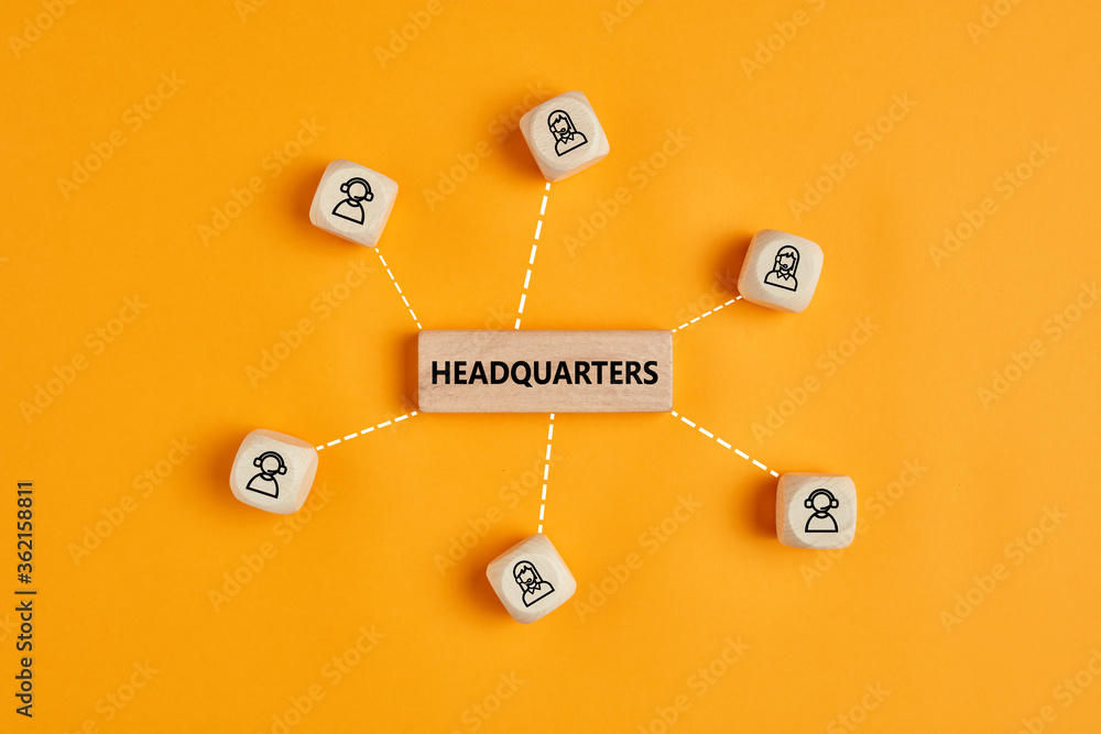 Poster the word headquarters on a wooden block connected with field branches. headquarter and branch connec
