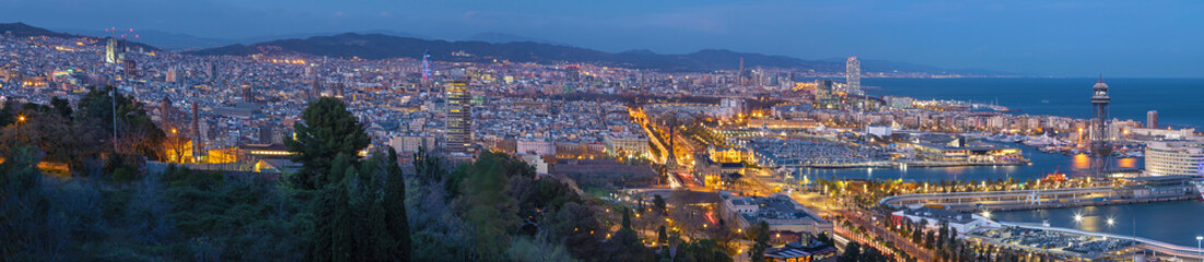 Obraz na płótnie Canvas Barcelona - The panorama of the city with the harbor at the dusk.