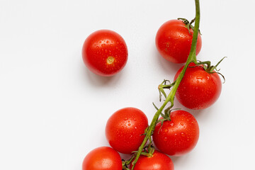 Fresh raw tomatoes with water drop isolated on white background, top view