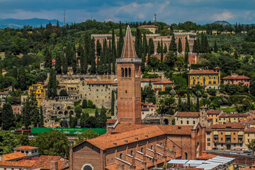 Aerial a view of the old city from viewpoint on the hill of San Pietro