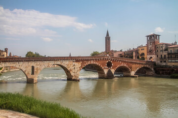 Fototapeta na wymiar The Ponte Pietra, Adige River, Stone Bridge, Verona, Veneto, Italy
