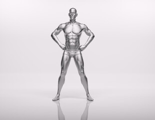 TITLE: 3D Render : an illustration of a male character model with silver texture