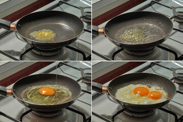 Simple fried eggs preparing stages