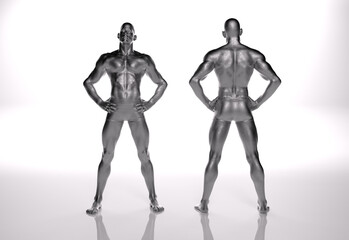 TITLE: 3D Render : an illustration of a male character model with silver texture