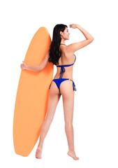 Rear view of Beautiful young woman in bikini and  standing with  surfboard