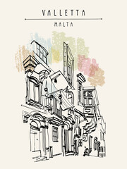 Valletta, Malta, Europe. Pedestrian street in old town. Nice historical buildings. Travel sketch drawing. Verticl vintage poster, postcard template, book illustration. EPS10 vector