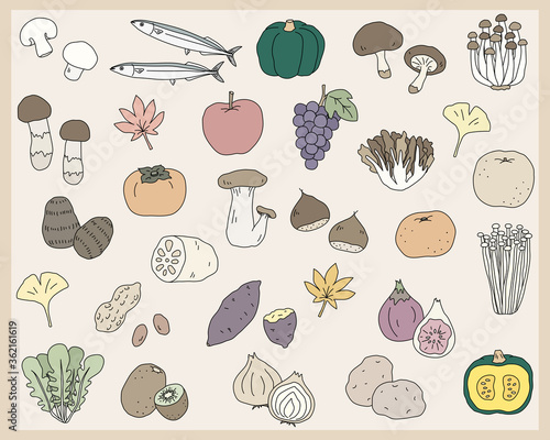 秋の味覚の手書きのイラストのセット 食欲の秋 シンプル おしゃれ Apple Poster App Yugoro
