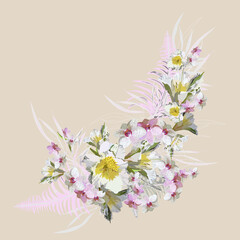 Exotic, bright isolated bouquet with white and pink flowers of lilies and orchids. Vector with elements of tropical plants, leaves, stems, branches, silhouettes, collected in composition