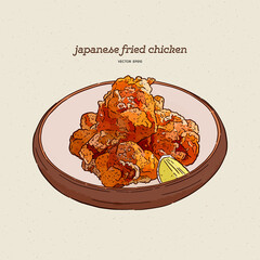 Japanese food,Karaage,Fried chicken japanese style. Hand draw sketch vector.
