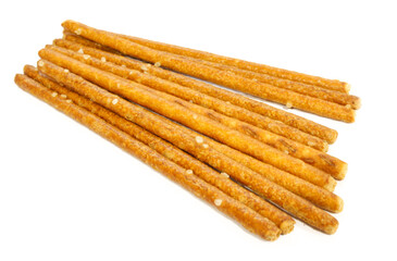 Salty snacks. Long stick pretzels isolated on white background
