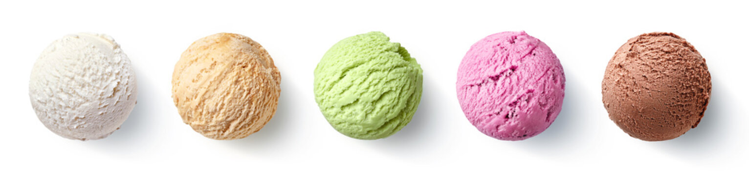 Set of five various ice cream scoops or balls