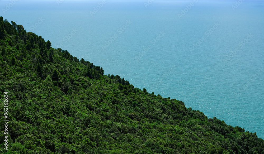 Wall mural Panorama della costa del Mar Ligure da Montemarcello, in territorio di Ameglia, La Spezia, Liguria, Italia.