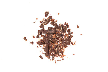 Pile of chocolate crumbs isolated on white background