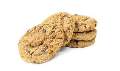 Stack of chocolate cookies isolated on white background. Crumbly and sweet biscuits with chocolate chunks