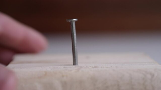 Extreme close up of a nail getting hammered into a piece of wood