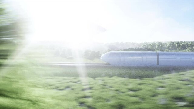 futuristic sci fi monorail train. Concept of future. Futuristic city background. Grass field. 4K realistic animation.