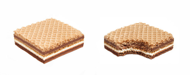Two wafers isolated on white background. One snack with bite taken out. Chocolate and milk double