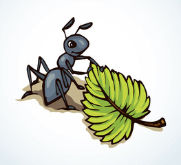The ant is pulling a leaf. Vector drawing