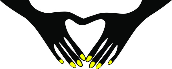 
Black hands folded in the shape of a heart. The concept of love of light and unity of mankind. Banner.