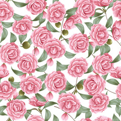 Seamless pattern of pink rose retro style on white background. Vector illuatration. 