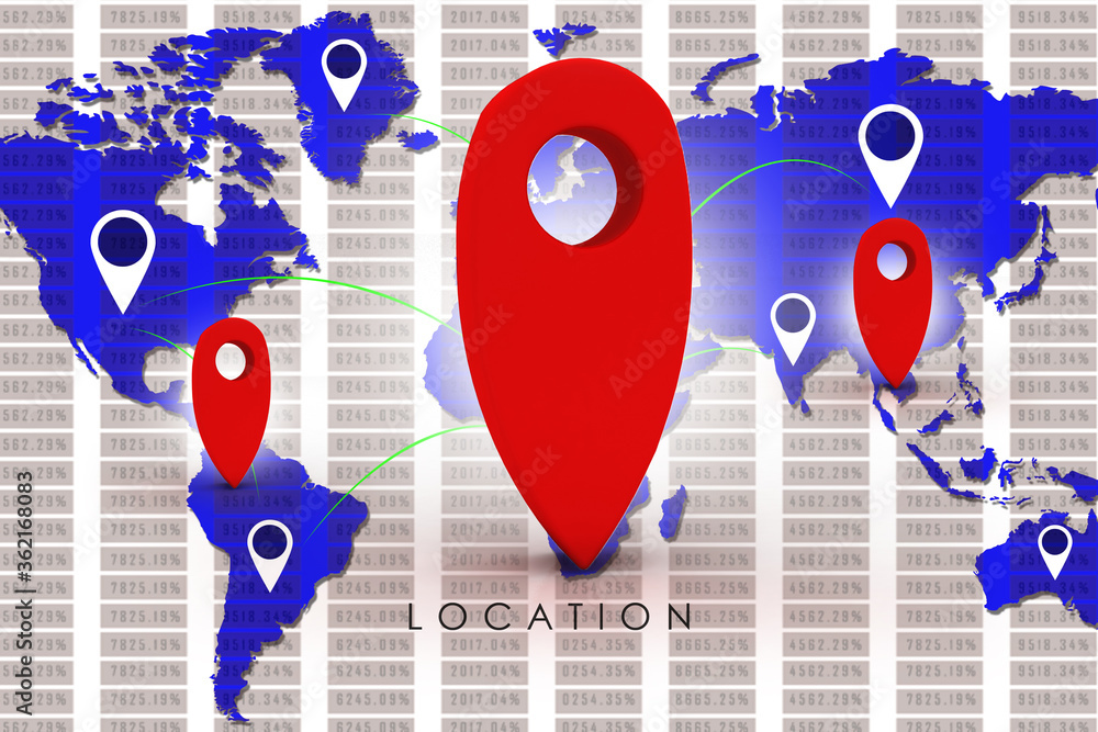 Fototapete 3d rendering red map pointer
