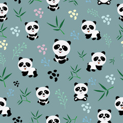 Seamless cute panda pattern with followers and leaves for child room and fabric decoration