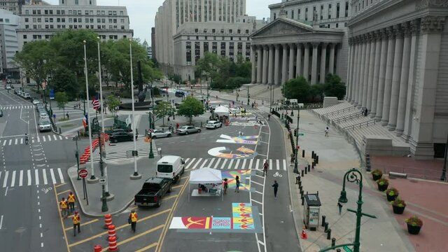 Flying North Over Artists Painting BLM Mural On Centre St. In Manhattan