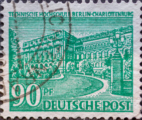 GERMANY, Berlin - CIRCA 1949: a postage stamp from Germany, Berlin showing Berlin buildings: Technical University Berlin Charlottenburg in green