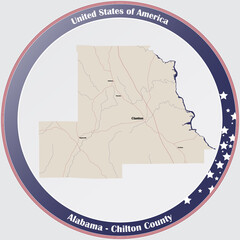 Round button with detailed map of Chilton county in Alabama, USA.