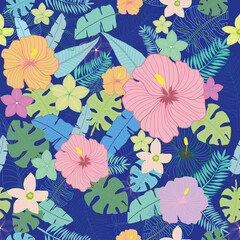 Seamless vibrant tropical flowers and leaves pattern for cloths and room decorations