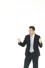 Handsome and smart businessman in black is handful satisfy for sucessful in work isolated on white background.