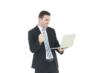Handsome and smart businessman in black suit hand holding laptop and pretending to be happy and satisfy for sucessful in work isolated on white background.