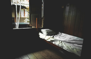 the atmosphere of the old bedroom made mostly of wood in indonesia