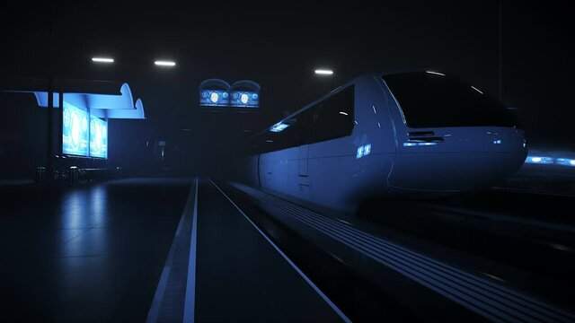 Sci Fi railway futuristic station. Future concept. Night view. Realistic 4k animation