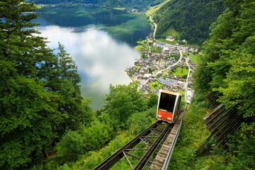 A cable car taking visitors up to Salzwelten, Hallstatt, Austria; one of the oldest salt mines in...