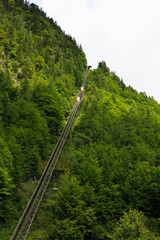 A cable car taking visitors up to Salzwelten; one of the oldest salt mines in the world. The salt mine is located in Hallstatt, Austria.