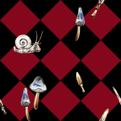 Chess seamless pattern with a hand drawn watercolor sketches mushrooms and snail.