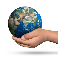 kid holding a glode on isolated white background. Save earth concept.