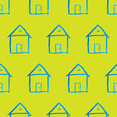 Seamless pattern with blue house icon on green backboard. Cartoon style baby illustration. Architecture, construction, village, homepage. Creative kids city texture for fabric, wrapping or textile