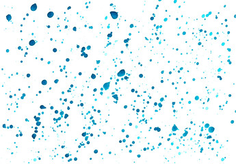 Abstract blue background with color splashes on white board. Water drops on background. Abstract art wallpaper. Hand drawn watercolor illustration. Blue and indigo blots. Rain imitation
