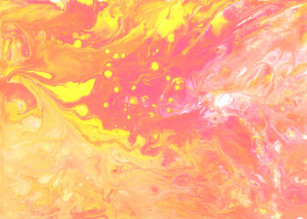 Abstract fluid art background. Yellow, orange, pink, red and white colors mix together. Beautiful creative print. Abstract art hand paint. Original artwork. Color splashing on paper. Cosmic texture
