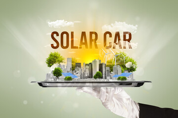 Waiter serving eco city with SOLAR CAR inscription, renewabke energy concept