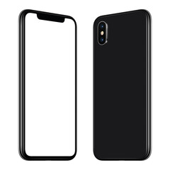 Rotated smartphone mockup front and back side. New modern black frameless rotated smartphone mockup with blank white screen and back side facing each other. Isolated on white background.
