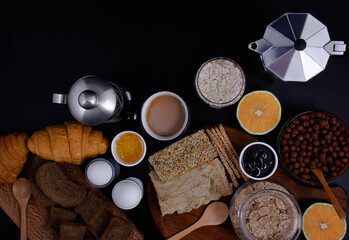 A beautiful view of a colorful breakfast table with beautiful decorations.