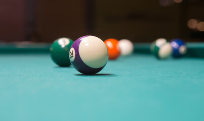 Colored billiard balls on a pool table.