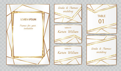 Invitation or greeting card and business card with gold geometrical frames and transparent light effects. Golden brilliants elements isolated on background