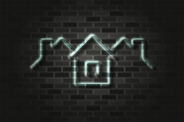 Real estate, village, town roofs glowing neon sign or glass tube on a black brick wall. Realistic vector art