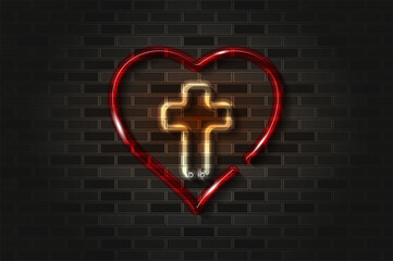 Cross and heart, Jesus in the heart glowing neon sign or glass tube on a black brick wall. Realistic vector art