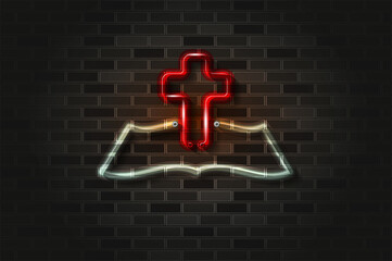 Christian cross and holy bible glowing neon sign or glass tube on a black brick wall. Realistic vector art