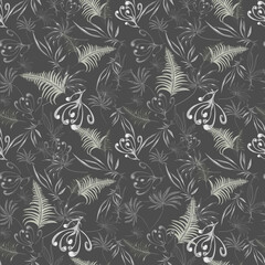 Abstract seamless vector pattern with white and gray elements and contours of foliage on a gray background. The leaves of ferns and other plants are arranged in random order. For the design of